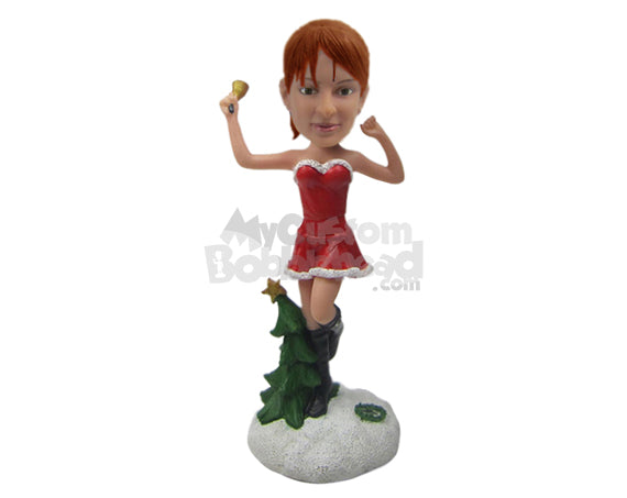 Custom Bobblehead Gorgeous Girl Wearing Strapless Santa Dress Ringing The Bell - Holidays & Festivities Christmas Personalized Bobblehead & Cake Topper