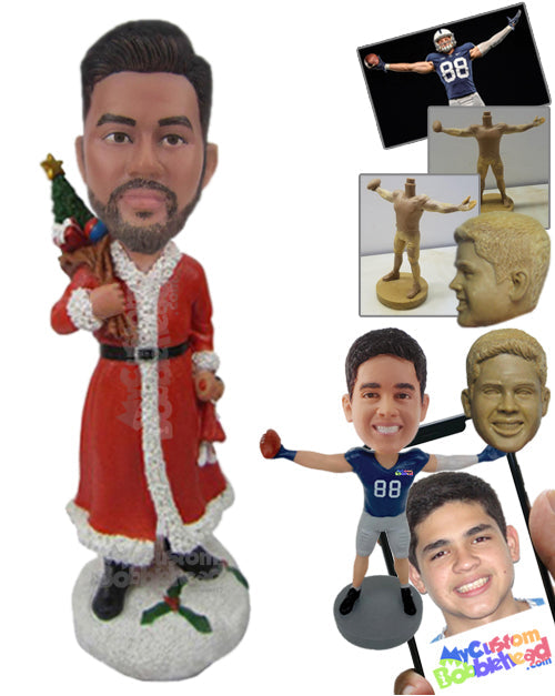 Man in Christmas Attire Has a Bag Full of Toys Personalized Bobblehead