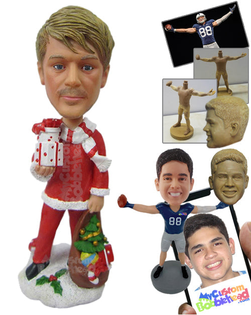 Stylish Fella Wearing Santa Claus Outfit with Christmas Gift in Hand Personalized Bobblehead