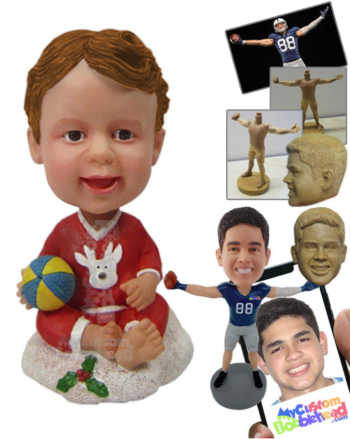 Baby Boy in Christmas Outfit Playing with a Ball Personalized Bobblehead