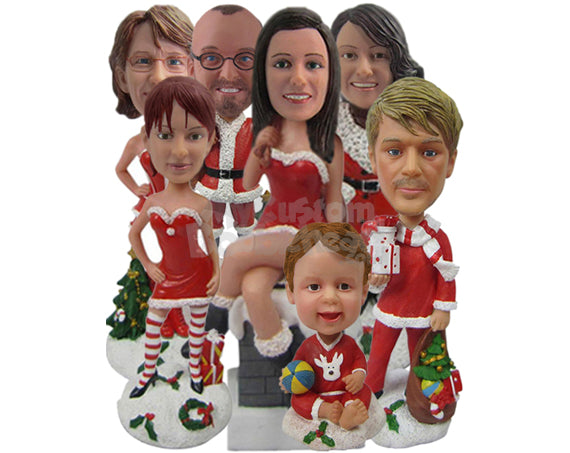 Custom Bobblehead Whole Family Celebrating Christmas In Christmas Outfit - Holidays & Festivities Christmas Personalized Bobblehead & Cake Topper