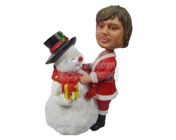 Custom Bobblehead Man Wearing Santa Claus Outfit Posing With A Snowman - Holidays & Festivities Christmas Personalized Bobblehead & Cake Topper