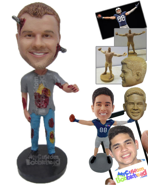 Male Zombie in T-Shirt and Jeans with a Rod through His Head Personalized Bobblehead