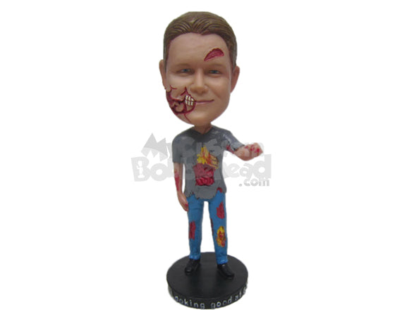 Custom Bobblehead Zombie Boy Wearing T-Shirt And Jeans Trying To Catch You - Holidays & Festivities Halloween Personalized Bobblehead & Cake Topper