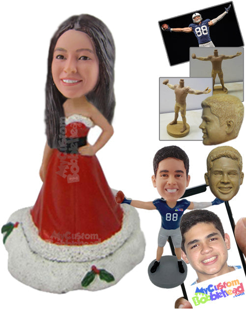 Girl Giving a Pose Wearing Strapless Santa Dress Personalized Bobblehead